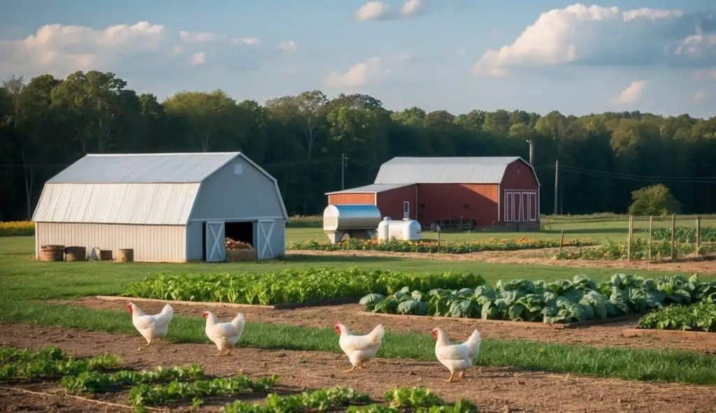 Well-planned farm layout with crop rows, barns, and chickens showing organized farm landscaping.
