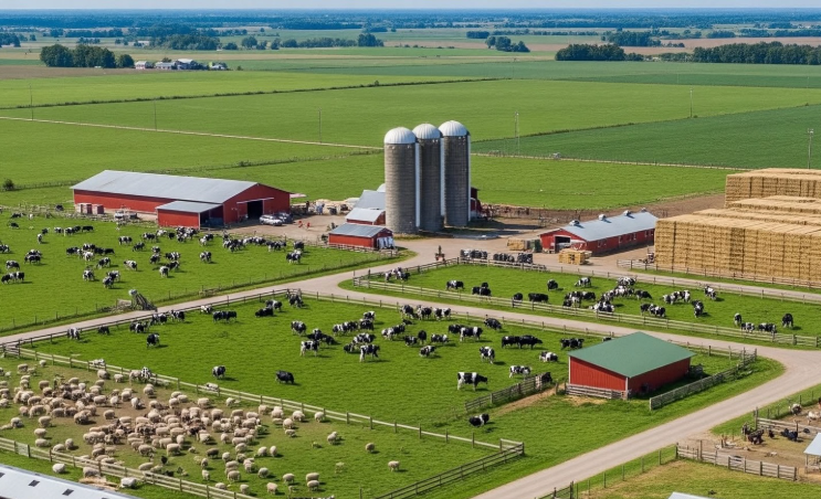 Aerial view of a well-planned farm landscape with livestock areas, crop fields, barns, silos, and access roads.