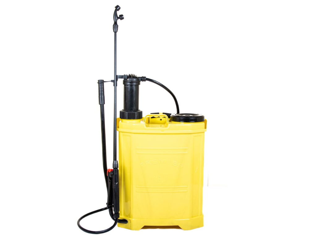 ellow manual knapsack sprayer with hose, pump, trigger, and spraying nozzle.