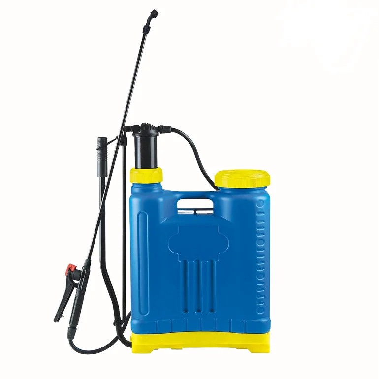 Blue manual knapsack sprayer with spray wand for applying pesticides and herbicides.
