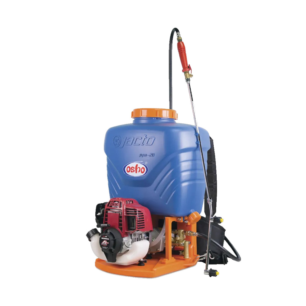 Motorized knapsack sprayer with petrol engine for crop spraying and pest control.