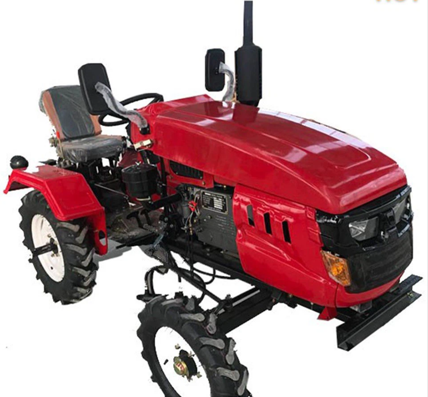 Heavy-duty red 4-wheel mini farm tractor with deep-tread tires and front headlights.