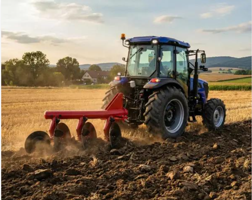 Agricultural tractor pulling a disc plough during soil preparation on a farm.