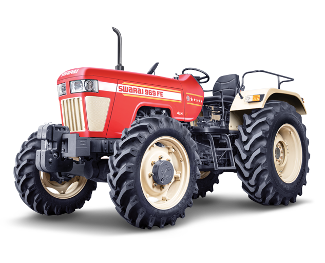 Red Swaraj 975 FE 4WD tractor with heavy-duty tyres on a black background