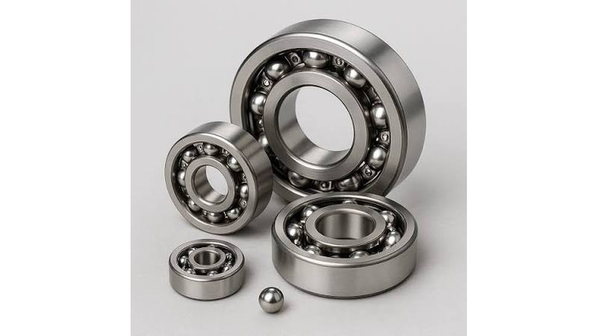Various sizes of steel ball bearings showing their circular design, metal balls, and inner and outer rings used in machinery to reduce friction and support smooth rotation.
