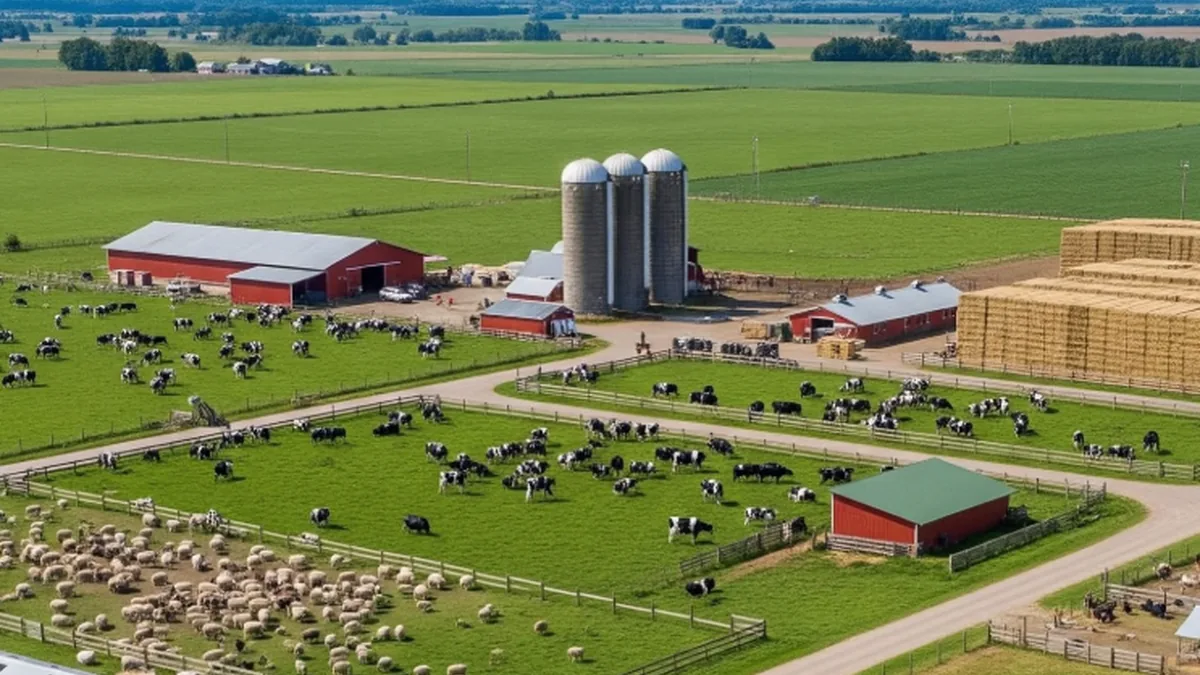 Aerial view of a well-planned farm landscape with livestock areas, crop fields, barns, silos, and access roads.