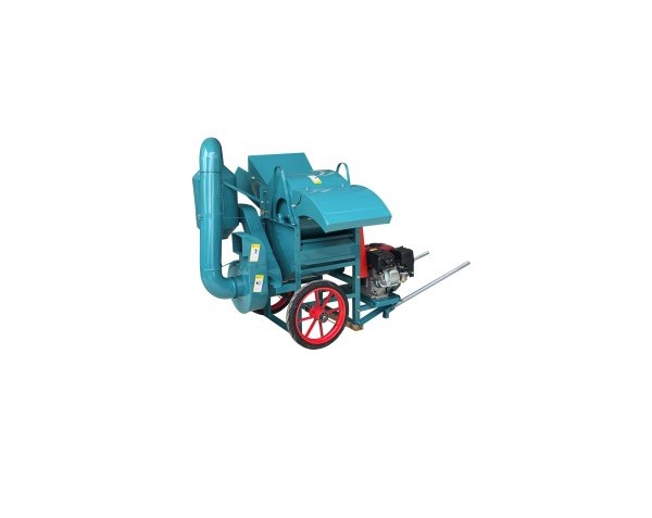 A portable, teal-colored multi-crop threshing machine with red wheels and an attached engine.