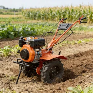 An orange diesel power tiller tilling dark soil on a farm in Tanzania with green maize crops in the background.