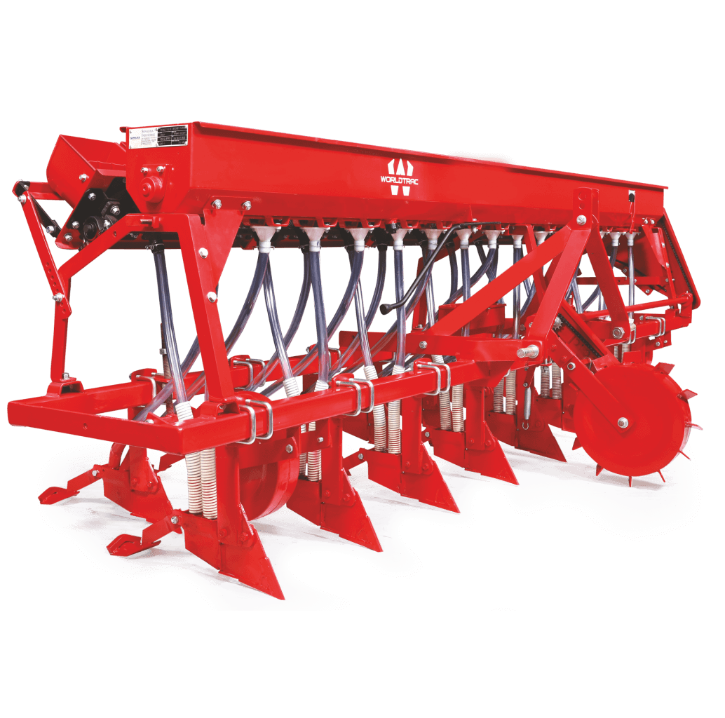 Red seed cum fertilizer drill for planting seeds and applying fertilizer at the same time.