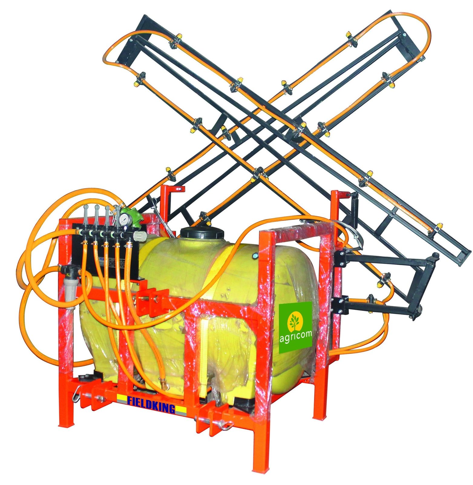 Agricom agricultural boom sprayer with chemical tank, extended spray booms and hoses for crop spraying and pest control